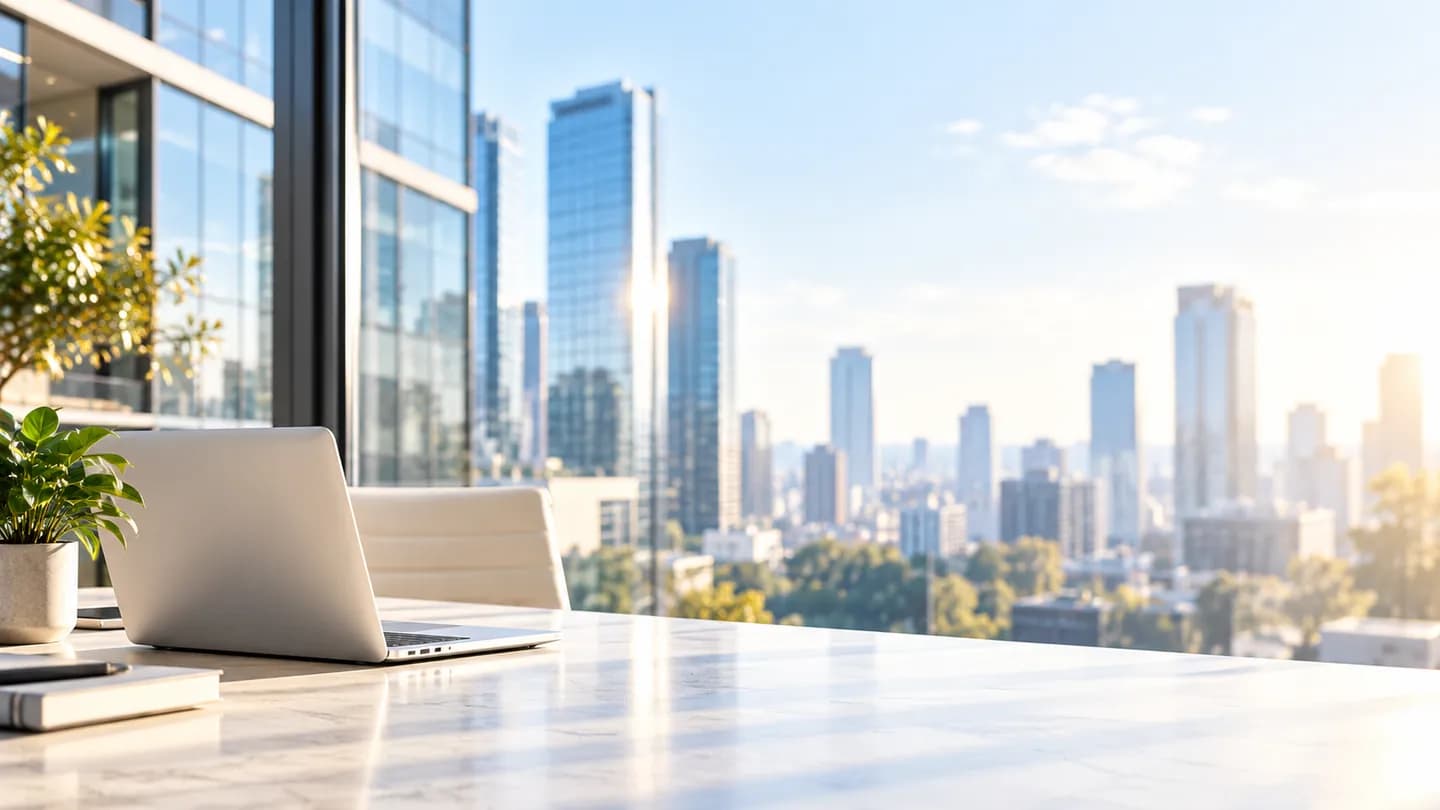 Espacio de trabajo luminoso con una computadora y vista a la ciudad.