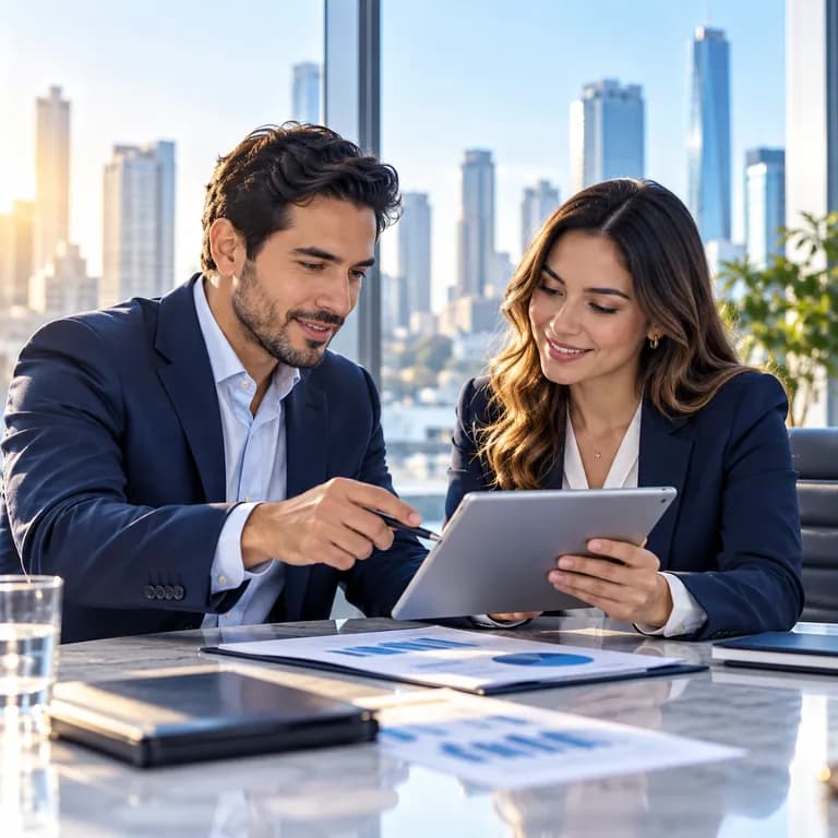 Profesionales revisando una propuesta financiera en una tableta.